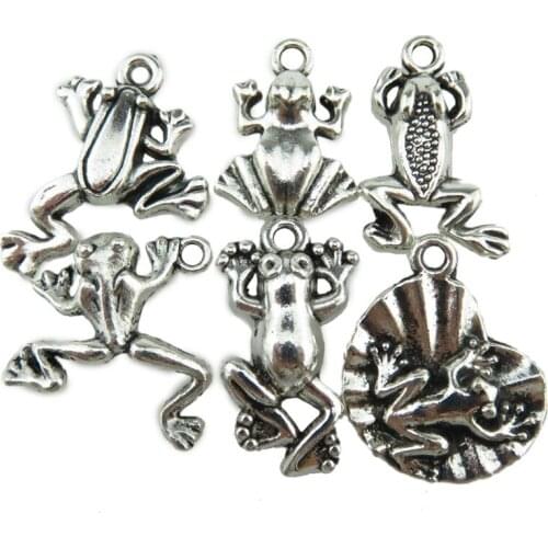 6PCS MIX Vintage Silver Alloy Beach Sea River Theme Lotus Leaf Frog Pendant