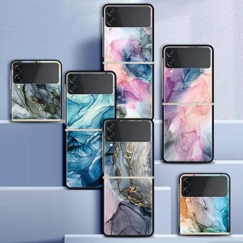 Case For Samsung Galaxy Z Flip 3 5G Funda ZFlip3 Luxury Black PC Hard Shockproof Back Phone Coque Watercolor Marble Pattern