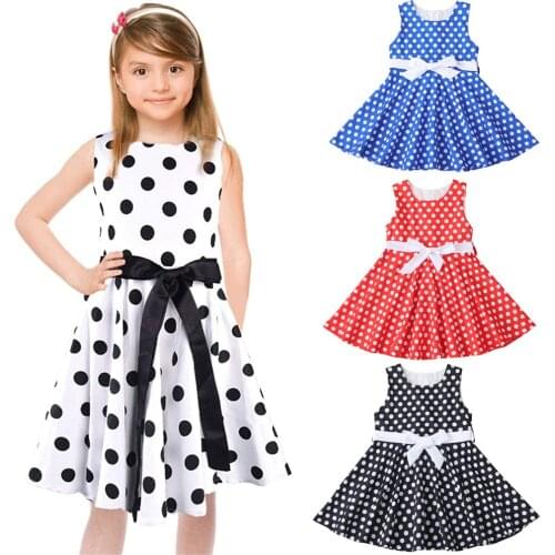 40# Kids Clothes Girls Vintage Dress Polka Dot Printing Sleeveless Round Neck Princess Dress Swing Rockabilly Party Dresses