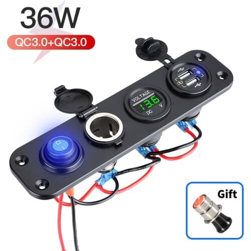 Dual QC3.0 Cigarette Lighter Socket Splitter Waterproof 12V Dual USB Charger Power Adapter Outlet Panel Dual USB Ports Voltmeter