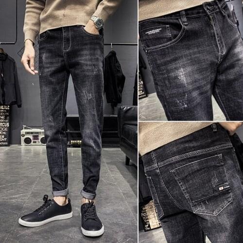 Denim Jeans men 2020 mens trousers autumn brand stretch slim-fit Korean trend black mens casual feet trousers pencil pants