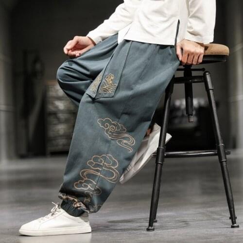 MenS Joggers Wide Leg Pants Man Cotton Embroidery Pants Summer Casual Streetwear Loose Trouser Japanese Trendy Sweatpants 30459