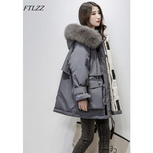 FTLZZ New Women Real Natural Fox Fur Hooded Down Coat Winter Jacket Female Thick Warm White Duck Down Loose Snow Parka
