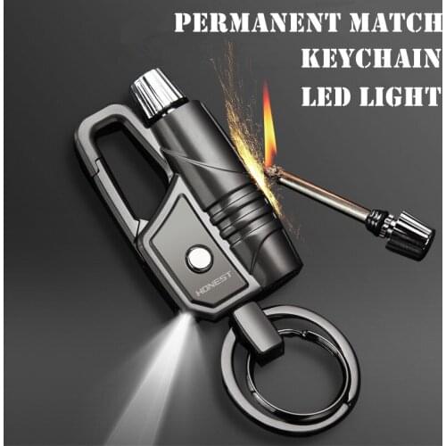 Honest Outdoor Adventure Tool Metal Permanent Match Kerosene LED Light Keychain Lighter Waterproof Flint Free Fire Starter 2021