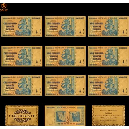 10pcs/lot Colorful Zimbabwe 100 Trillion Gold Dollar Money Pure Gold 999 Currency Paper Banknote Collections