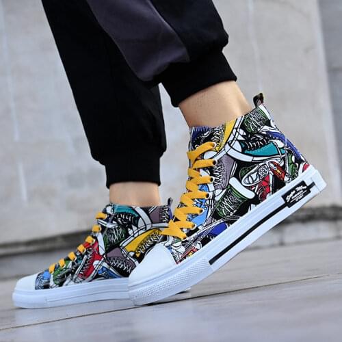 Classic Anime Printed High Top Sneakers For Men Women Street Graffiti Casual Shoes Men Breathable Lace-up Vulcanized Shoes Men