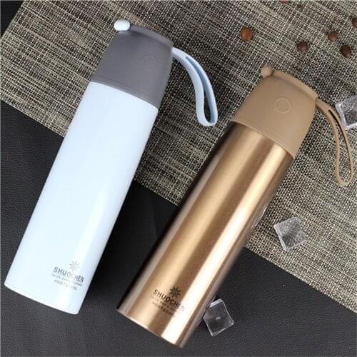 500ml Cup Lid Stainless Steel Thermos Mug Water Bottle For Girls With String Outdoor Travel Coffee Vacuum Flask Thermal Tumbler
