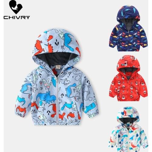 New 2021 Autumn Baby Boys Coat Jackets Kids Fashion Outerwear Hooded Cute Cartoon Dinosaur Print Zipper Windbreaker Jacket