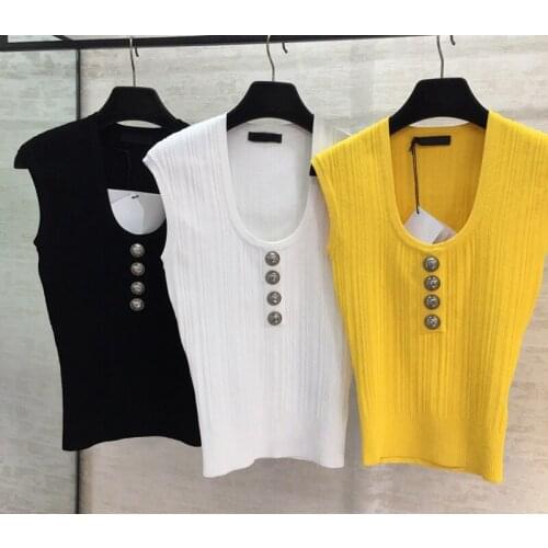 Summer 2021 5.28 European New Women Fashion Temperament Slim Tailored Sexy U-neck Metal Button Knitted Tank Top