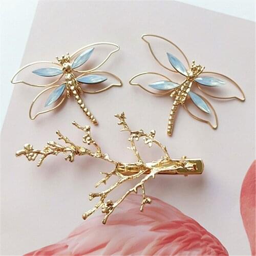 10 PCS Fashion Metal Alloy KC Gold Crystal Rhinestone Dragonfly Connectors Branches Hairpin Charm DIY Jewelry Findings