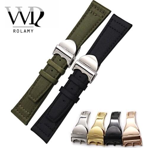 Rolamy Watchbands 20 21 22mm Nylon Fabric Leather Band Wrist Watch Band Strap Belt With Deployment Clasp Wholesale For Tudor