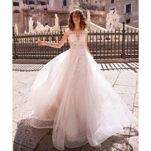 Romantic Lace A Line Boho Wedding Dress 2021 Beading Crystal Belt Appliques Simple Bridal Mariage Bride Gowns Vestido De Noiva