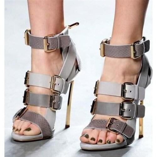 Luxury Multi-buckle Runway High Heel Blade Sandals Peep Toe Cut-out Back Zipper Gladiator Sandals Shoes Women High Quality