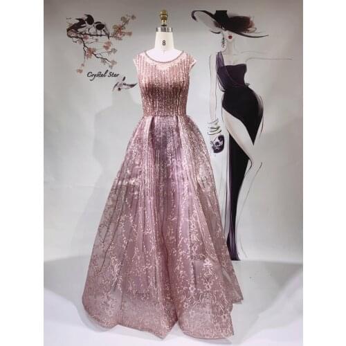 Dubai Pink Long Luxury Dresses O-Neck For Women Party Wedding Evening Gowns 2021 HO1078