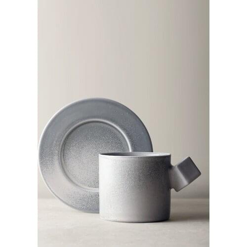 Handmade Ceramic Cup Saucer Set With Square Handgrip For Coffee Tea Creative Simple Japan Style Green Grey Ins Popular 290ML