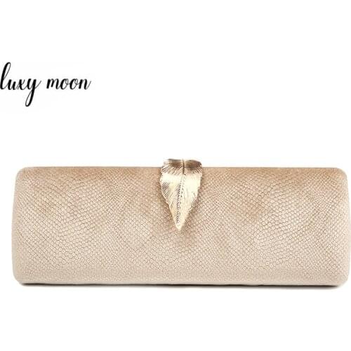 Faux Suede Evening Clutch Long Design Gold Clutch Bag Metal Leaf Lock Wedding Purse Female Luxury Handbag Women Bags ZD1080