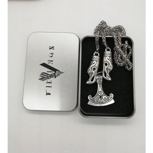 Vintage Wolf Head with Perun Axe Pendant Nodic Viking Amulet Mens Necklace