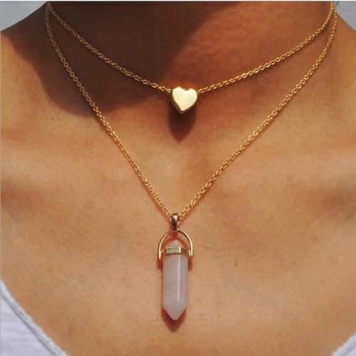 Vintage Natural Stone Heart Double Layer Necklaces Gold Chain Bullet Quartz Crystal Pendant Necklace For Women 2017 New Arrival