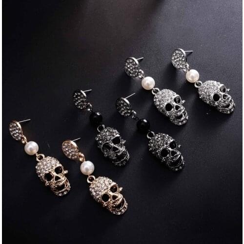 Minar Gothic Halloween Full Rhinestones Skull Drop Earrings Gold Color Alloy Faux Pearl Dangle Earrings for Women Party Jewelry