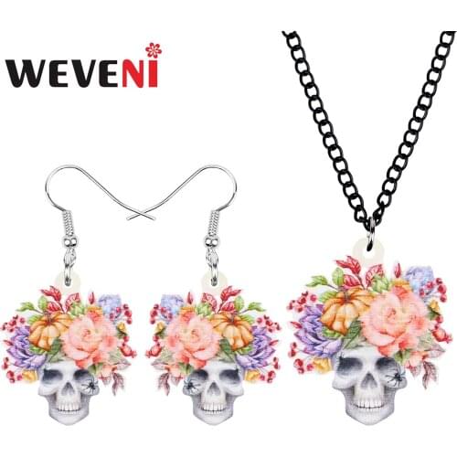 WEVENI Acrylic Halloween Flower Skull Jewelry Sets Skeleton Aesthetic Earrings Necklace For Women Girl Kid Charm Gift Decoration
