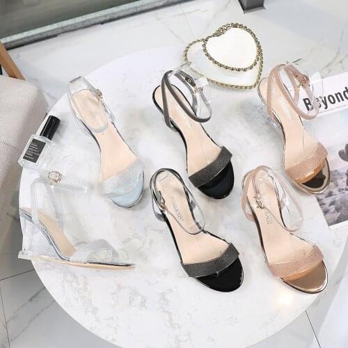 Sweet Party Office Pumps Shoes Sexy Open Toe Sequins Ankle Straps Women High Heels Summer PVC Transparent Wedges Ladies Sandals