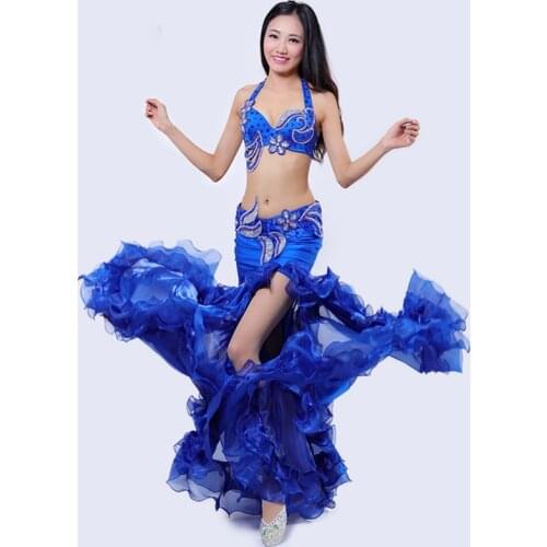 Women Stage Performance Belly Dance 2pcs Bra Belt Luxury Belly Dancing Egyptian Costumes Oriental Style Rhinestone Costume