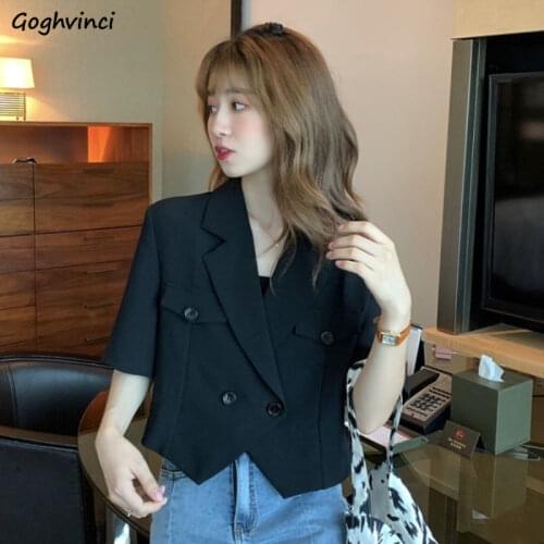 Blazers Women Summer Cropped Casual Button Solid Loose Outwear Korean Style Short Sleeve Double Breasted Coats College Ladies