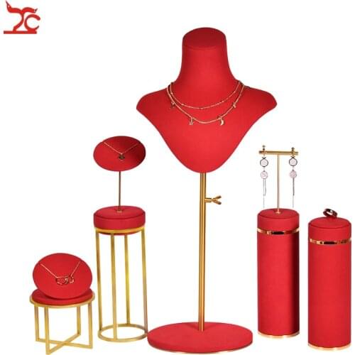 Red Microfiber Ring T Bar Earring Necklace Pendant Jewelry Display Organizer Stand Gold Metal Jewelry Rack Counter ShowCase