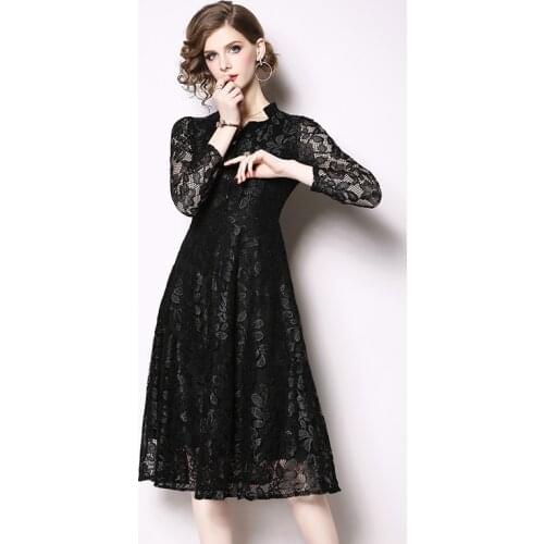 2021 New Sping Summer Women Fashion Long Sleeves V- Neck Hollow Out A Line Lace Dress