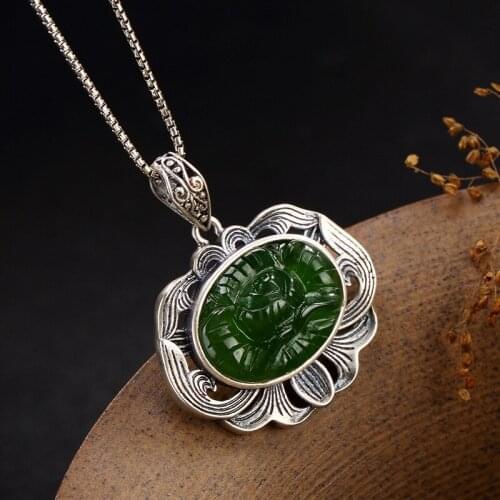 Hot Sale Natural Jasper Pendant Necklace For Women Vintage Lotus Flower Real 925 Sterling Silver Necklace 2019 Party Jewelry