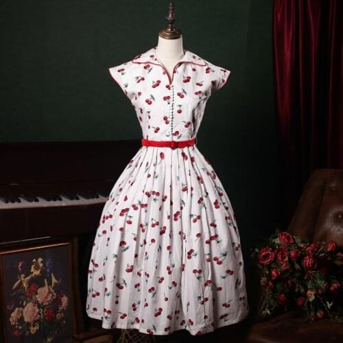 30- summer women vintage 50s cherry v neck pleated dress in red rockabilly pinup jurken big plus size 4xl vestidos dresses