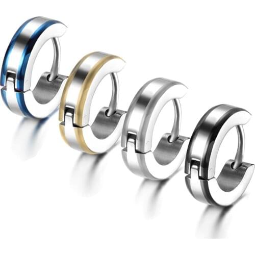 2020 Mens Stainless Steel Small Hoop huggie Earrings Striped Unique Polished Silver Color Blue/Gold/Black Selection 12mm