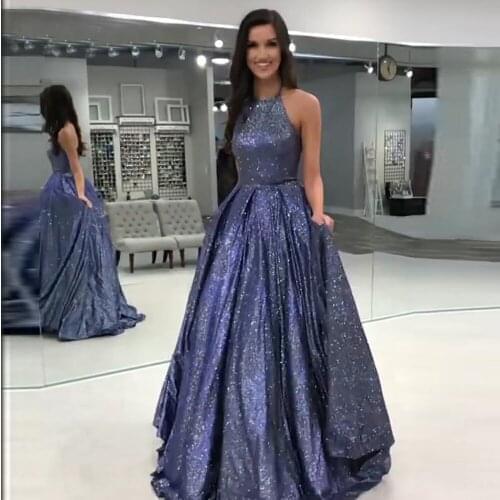 2021 Sparkly Long Halter Prom Dresses with Pockets Sleeveless Formal Evening Party Gowns Robe De Soiree