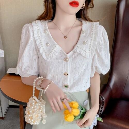Blusas Korean Beading Peter Pan Collar Shirts Vintage Short Puff Sleeve Summer Blouses Women Tops Loose Kawaii Clothing 15132