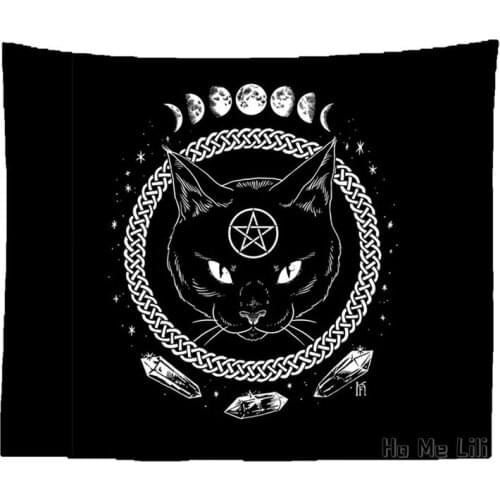 Black Tapestry Cat Flower Rose Tarot Boho Carpet Magic Witchy Wall
