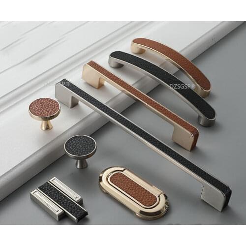 Brown Black Cabinet Kitchen Handle Zinc Alloy And Leather European Fashion Modern Wardrobe Furniture Pulls Drawer Cupboard Knobs