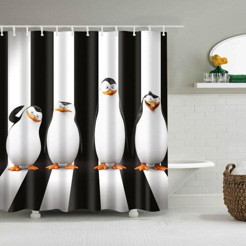 Cute Penguin on Black White Striped Background Bathroom with 12 Hooks 180X180CM Decor Waterproof Polyester fabric Bath curtain