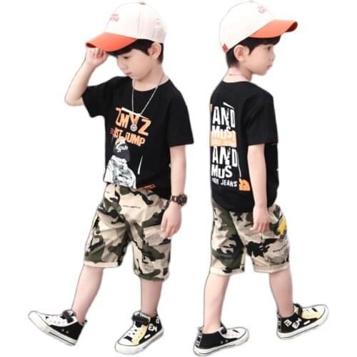 Children Boys Letter Clothing Sets Novel Cartoons T-shirt and Camouflage Shorts Pants 2pc Hip Hop Streetwear Teens Sport Suits