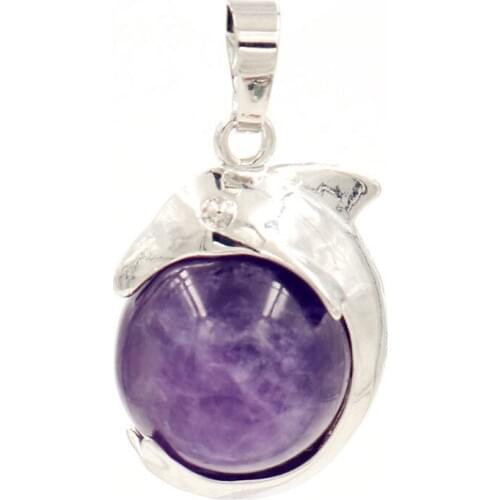 FYJS Unique Silver Plated Lovely Dolphin Shape with Natural Purple Amethysts Stone Pendant Fashion Jewelry