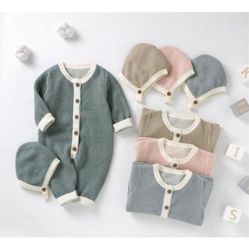 Baby Jumpsuits Clothes Fashion Toddler Solid Knitted Newborn Infant Boys Girls Button Rompers Jumpsuits One-Piece Hat Outfits