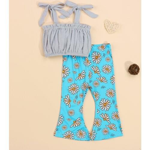 2Pcs Little Girls Outfit Sweet Style Solid Color Sleeveless Short Suspender Tops and Floral Printing Long Bell-bottomed Pants