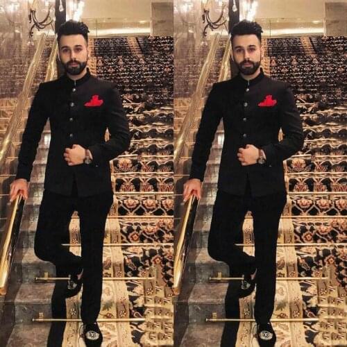 Jacket+Pants) Indian Style Black Men Suits For Wedding Suits Groom Tuxedos Slim Fit Stand Collar Terno Masculino Costume Homme