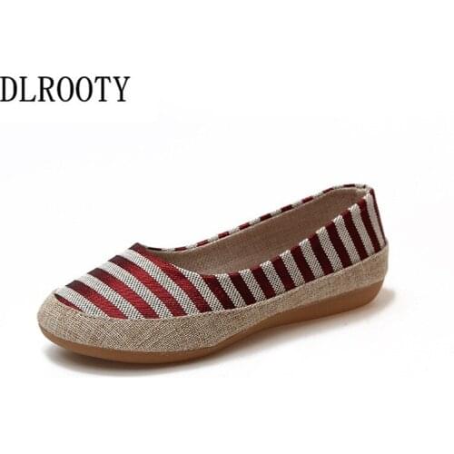 Women Flats Shoes Loafers Shallow Striped Canvas Slip On Summer Autumn Fashion Round Toe Platform Sweet Flat Casual Comfortable