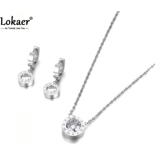Lokaer Classic Roman Numerals Cubic Zirconia Pendant Necklace Earrings Ring Jewelry Sets Titanium Steel For Wedding Bands SE007P