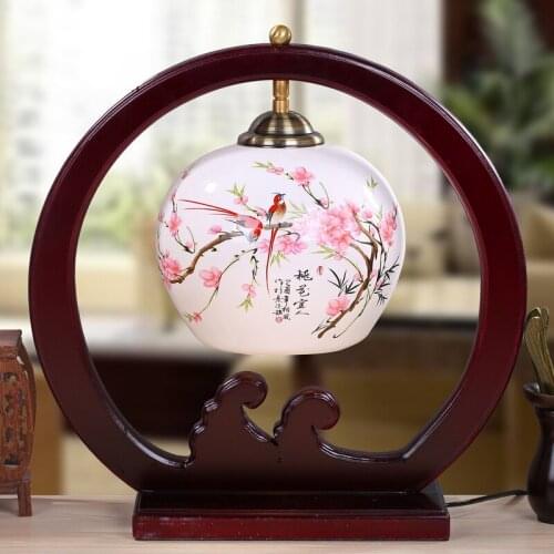 Jingdezhen Ceramic New Chinese Bedroom Living Room Bedside Lamp Antique Retro Solid Wood Thin Tire Hand Painted table Lamp