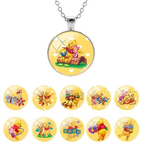 Disney Winnie The Pooh Cute Cartoon Picture 25mm Flat Bottom Glass Dome Pendant Necklace for Girls Cabochon Jewelry Gifts WN177
