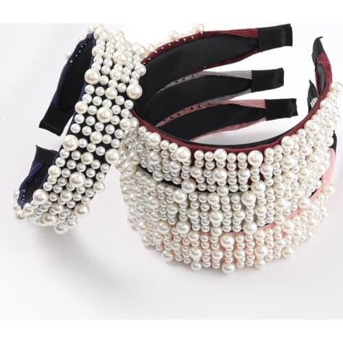 Best Lady Baroque Temperament Full Pearl Casual Hairbands Top Quality Handmade Big Small Size Pearl Beads Fabric Headband Female