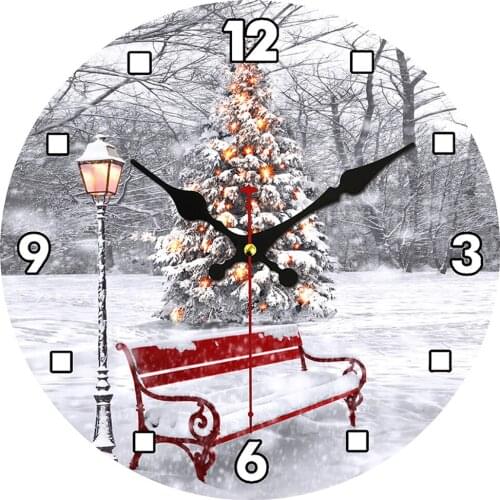 Christmas Tree Red Bench Snow Scenery Round Wooden Wall Clock Non-Ticking Winter Holiday Snow Xmas Wooden Silent Clock