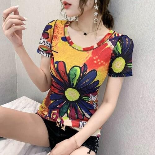 Mesh printed short sleeve T-shirt womens 2021 summer new fashion Joker slim net red daisy base shirt tide