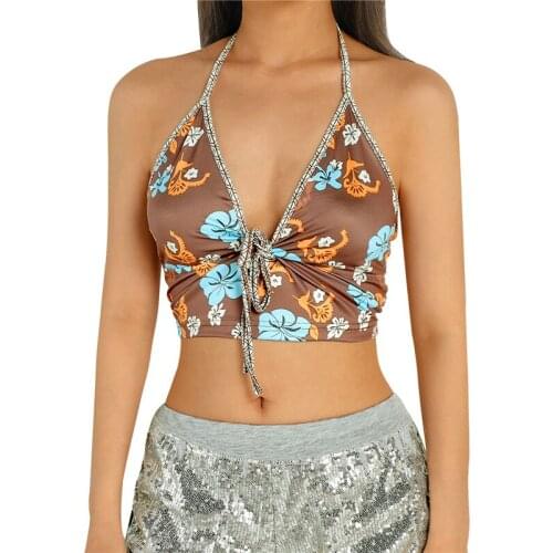Womens Halter Tank Tops Sexy Sleeveless Backless Floral Printed Crop Tops Party Club Streetwear Summer Lady Bustier Vest Tops